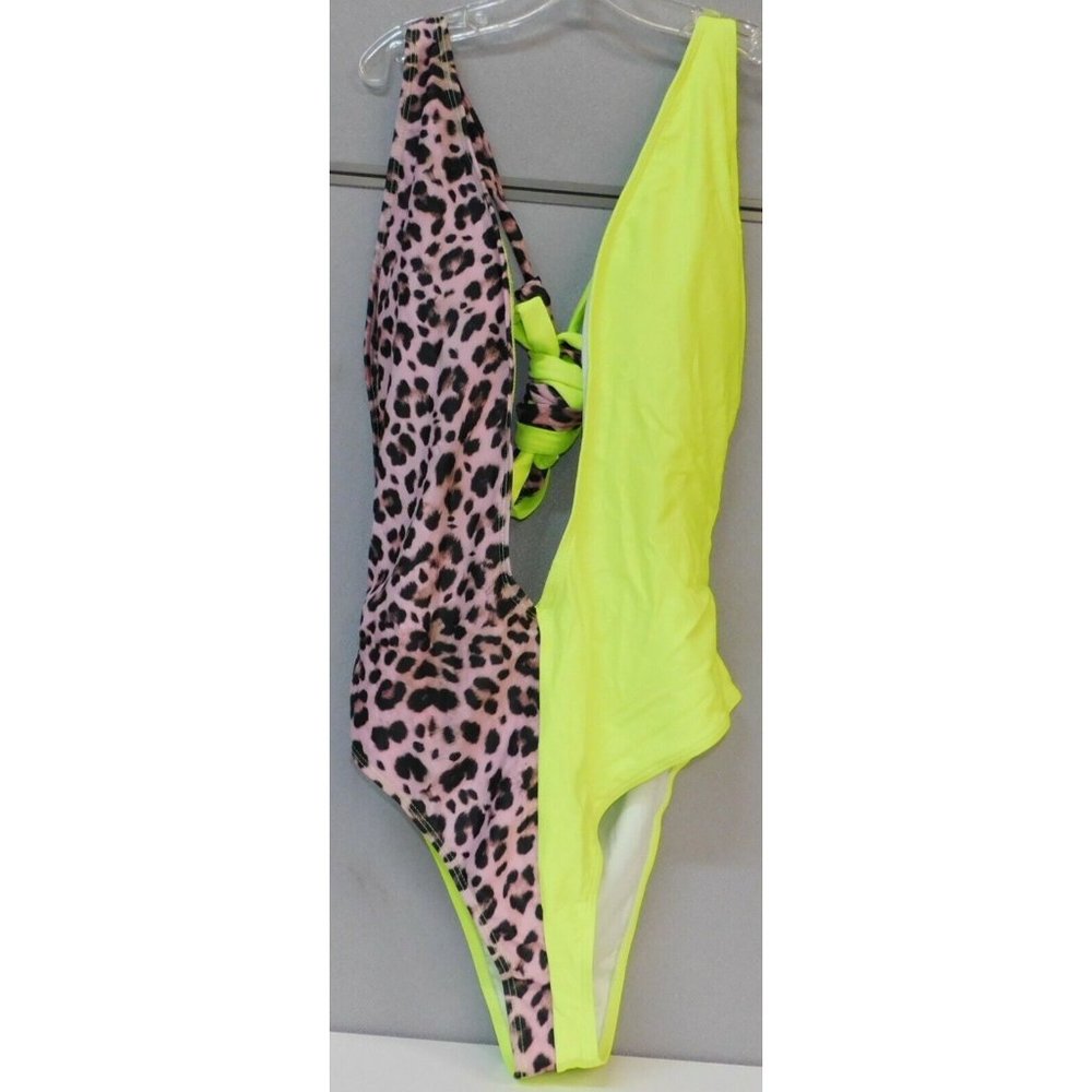 Kona Sol Women's Size Large Cheetah & Lime Green Split Front 1 Piece Swimsuit